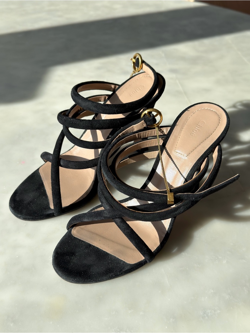 Chloe Black Strappy Heeled Sandals with Gold Accent